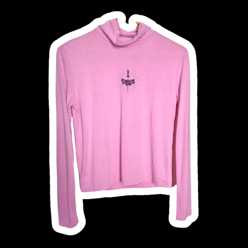 Bright pink longsleeve turtleneck y2k graphic crop top size Med